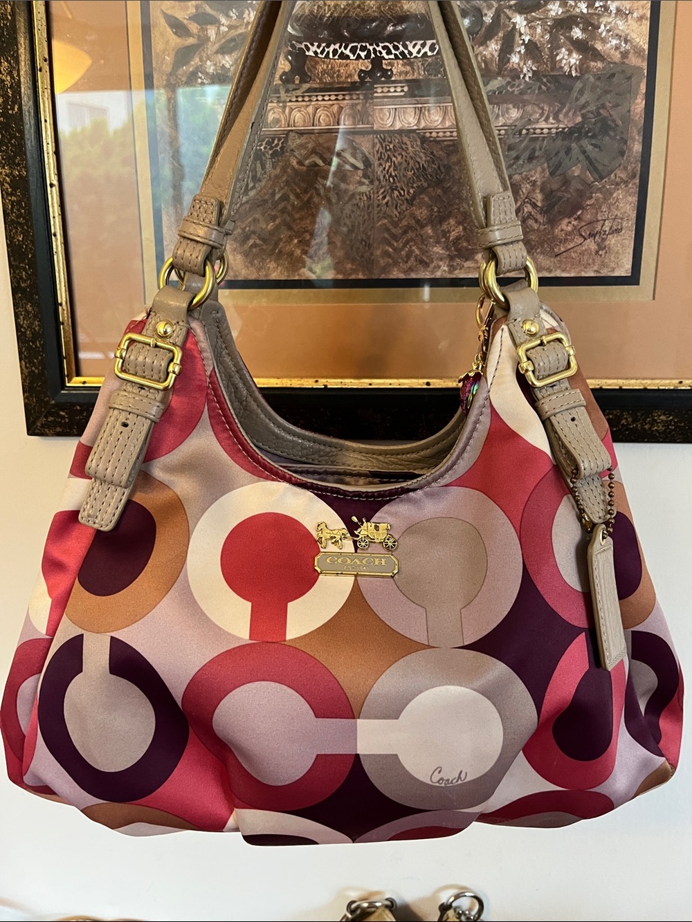 Coach Multicolor Circle-Print Hobo Bag with Taupe Trim